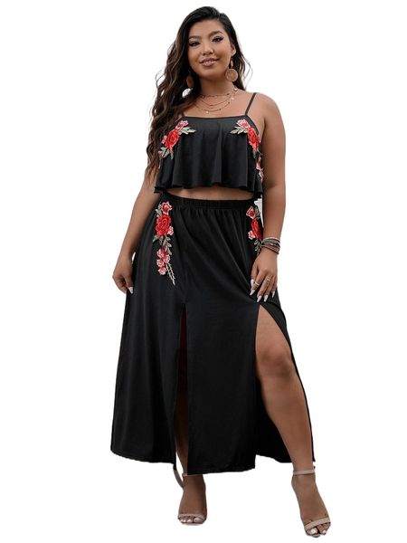 

plus floral embroidery cami & m-slit hem skirt c4p9#, Black