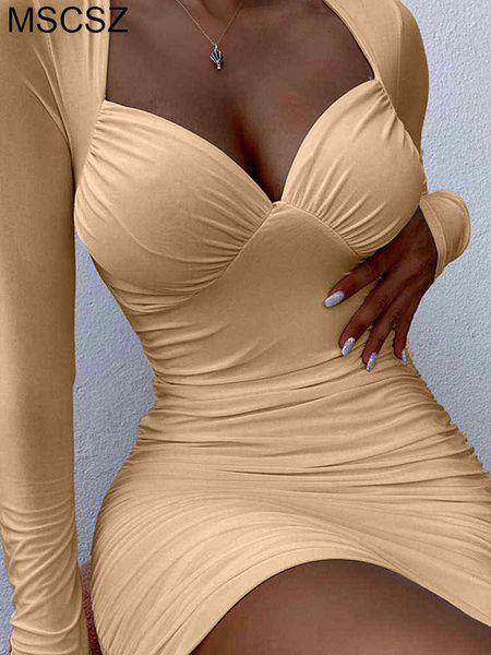 

spring new long sleeve bodycon dress v-neck ruched mini dress women elegant party dresses club wear black t220816, Black;gray