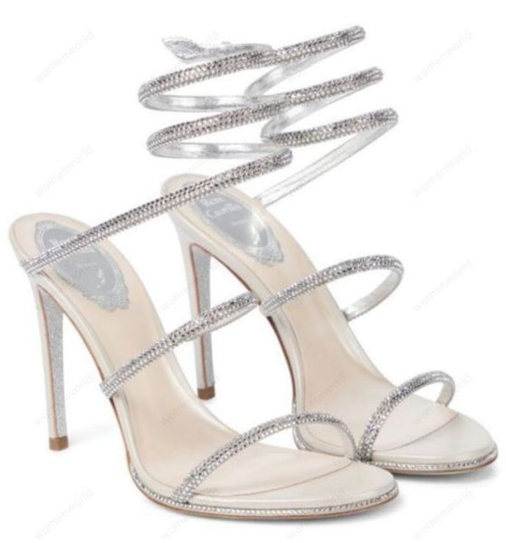 

rene caovilla cleo open toe sandals crystal embellished spiral snake tail sandals twining rhinestone sandal women blue beige stiletto heels, Black