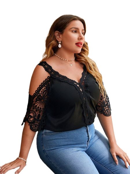 

plus contrast guipure lace cold shoulder blouse h50t#, Black