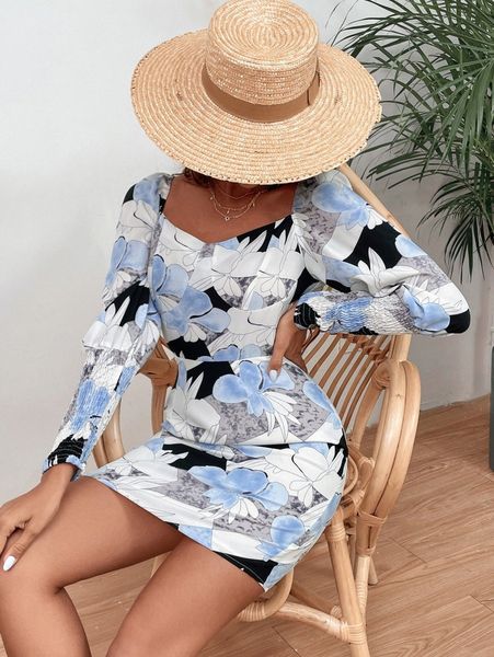 

floral print shirred cuff gigot sleeve dress v9ig#, Black;gray
