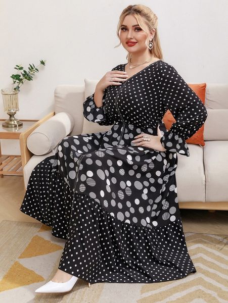 

plus polka dot flounce sleeve ruffle hem dress s3wa#, Black