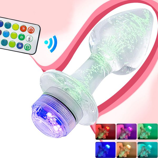 Plug anale in cristallo vibratore culo in vetro luminoso luce a LED telecomando vibratore giocattoli vaginali massaggio prostatico buttplug