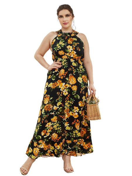 

plus floral print shirred ruffle hem halter dress l1bi#, Black