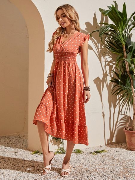 

emery rose polka dot shirred waist ruffle hem dress b394#, Black;gray