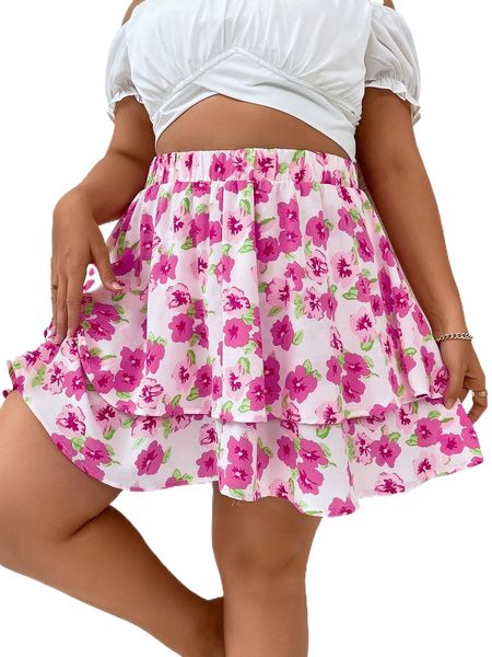 

plus allover floral print layered hem skirt d8wh#, Black
