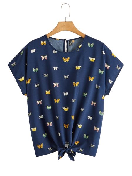 

plus knot hem butterfly print g4ak#, Black