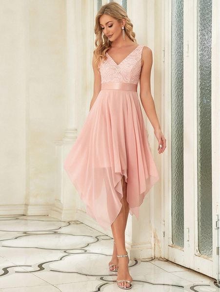 

ever-pretty v neck contrast lace asymmetrical hem dress b41x#, Black;gray