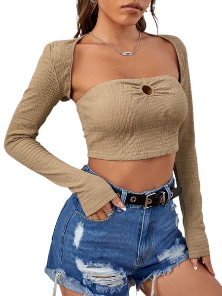 

textured cut out crop tube & bolero e1qh#, White