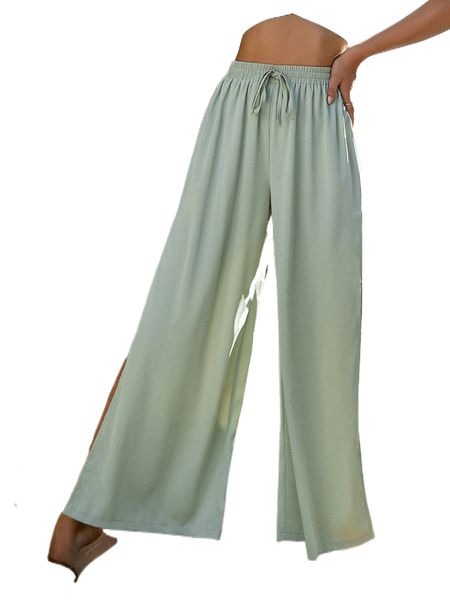 

drawstring waist split thigh wide leg pants u236#, Black;white