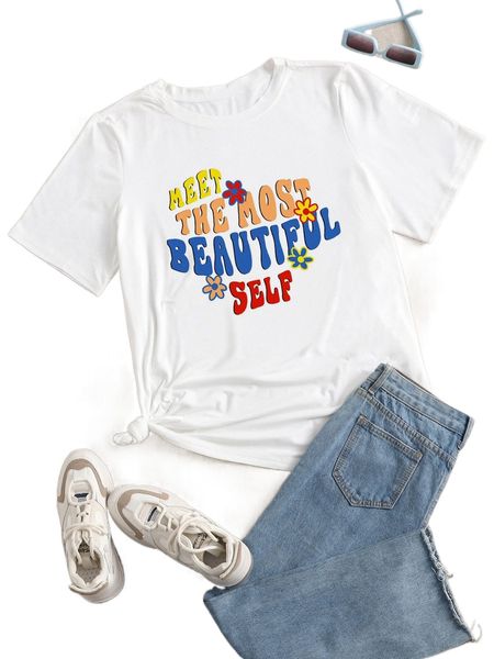 

plus 1pc floral and slogan graphic tee p1gm#, Black