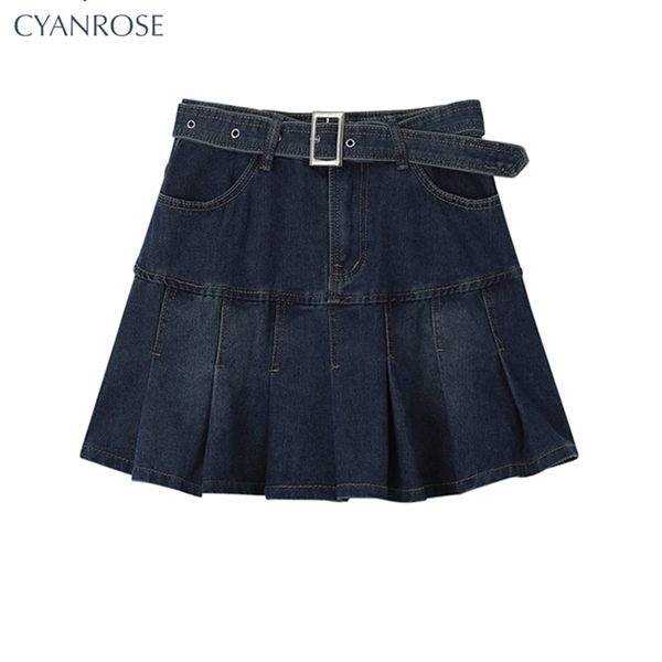 

y2k high waist denim mini pleated with belt women summer fashion retro a line skirt korean ins female casual skirts 220618, Black