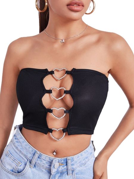 

rhinestone heart detail rib-knit crop tube v8ga#, White