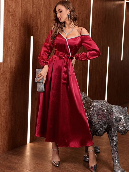 

cold shoulder lantern sleeve contrast trim belted satin dress x2rz#, Black;gray
