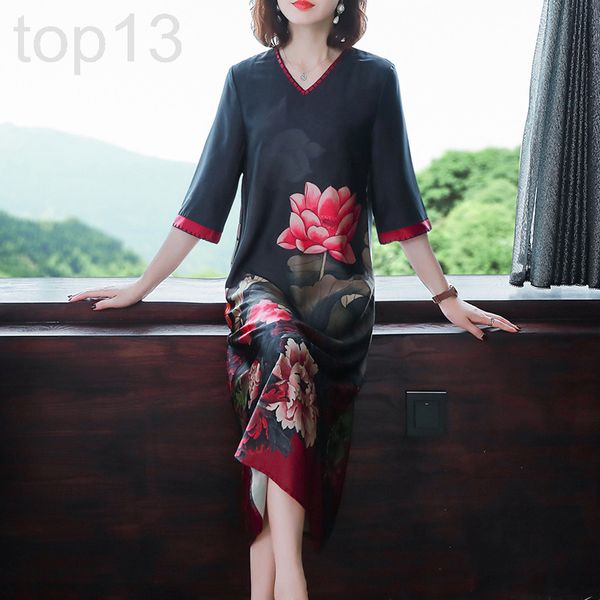 

casual dresses designer 2019 summer middle-aged temperament loose and thin a-line long skirt over the knee middle sleeve chiffon printed dre, Black;gray