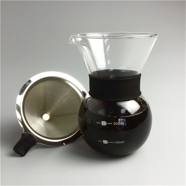 200 ml Glas-Kaffeekanne und Edelstahlfilter-Set, tragbarer Filterkaffee-Tropfer, Perkolator, V60-Server, Pour-Over-Kaffeemaschine 210408
