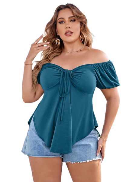 

plus off shoulder tie front curved hem tee n2za#, Black