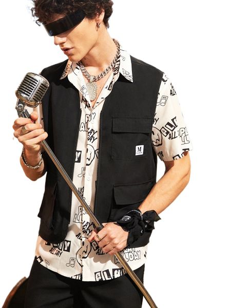 

men 1pc flap pocket patched sleeveless jacket v8mo#, Black;brown