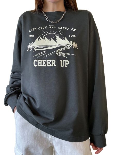 

dazy mountain & slogan graphic drop shoulder pullover u8jk#, Black