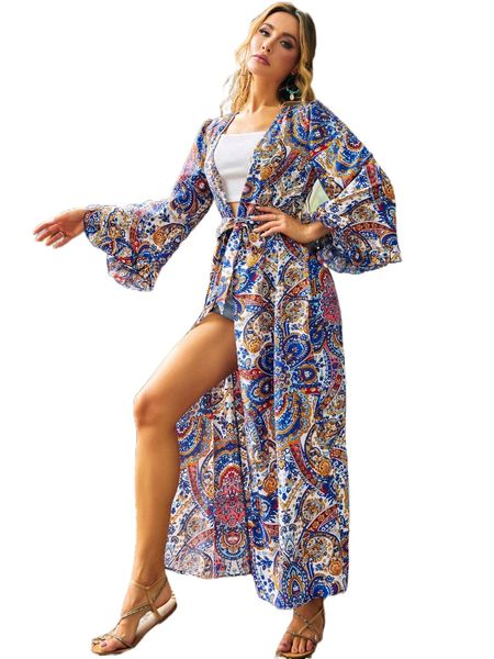 

luukse paisley print flounce sleeve belted kimono u6uc#, White;black
