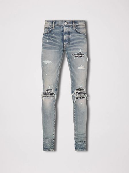 

(men's jeans)patches detail biker fit jeans men slim motorcycle for mens vintage distressed denim jean pants #kuyo1, Blue