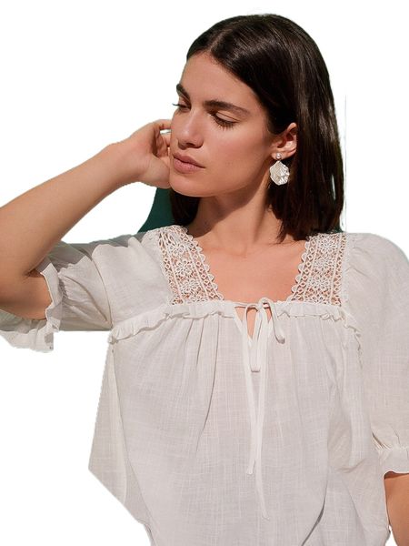 

guipure lace insert frill trim knot front puff sleeve blouse 93hx#, White