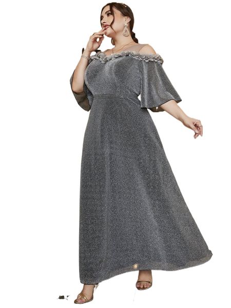 

plus cold shoulder applique flutter sleeve glitter dress 23ra#, Black