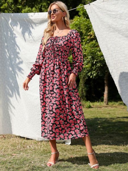

allover floral print shirred lantern sleeve knot front dress k828#, Black;gray