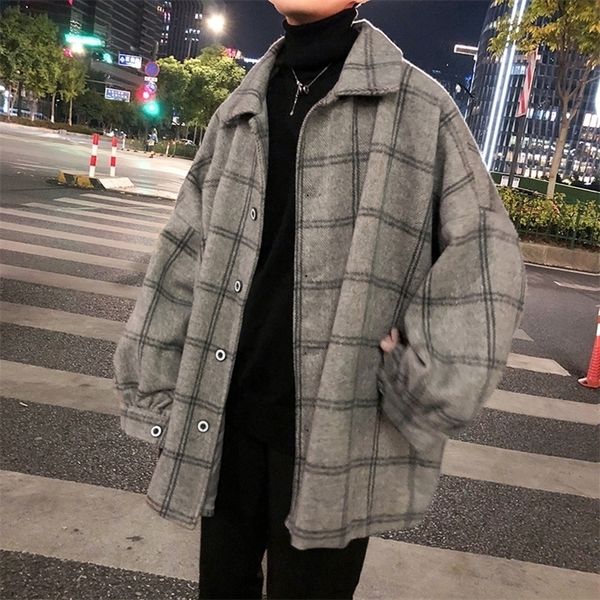

woolen coat men korean style trend loose mid length plaid jacket men autumn and winter handsome windbreaker 2020 new lj201110, Black