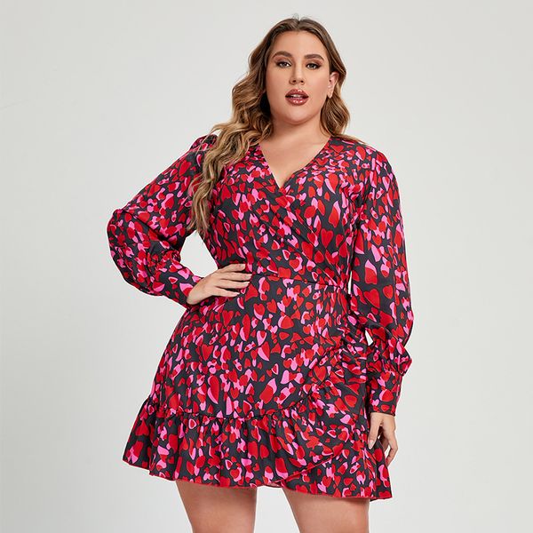 

floral large dress v-neck split long sleeve a-line skirt medium length, Black;gray