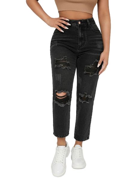 

petite high waist ripped detail jeans j8z5#, Blue
