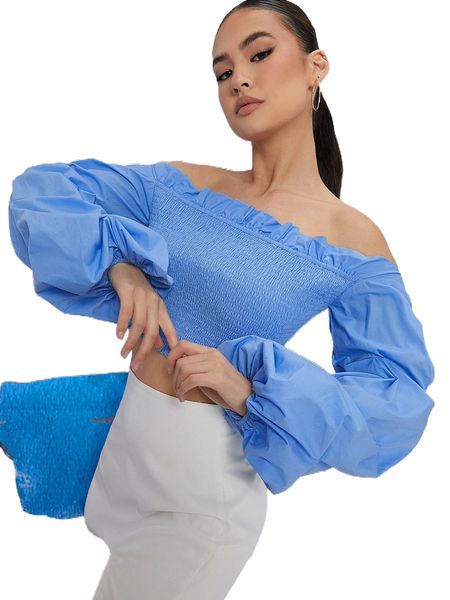 

off shoulder ruffle trim lantern sleeve shirred blouse j8rg#, White