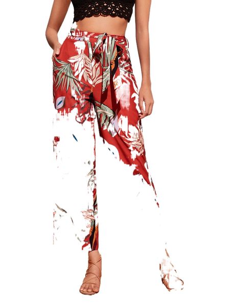 

tropical print belted pants x11t#, Black;white