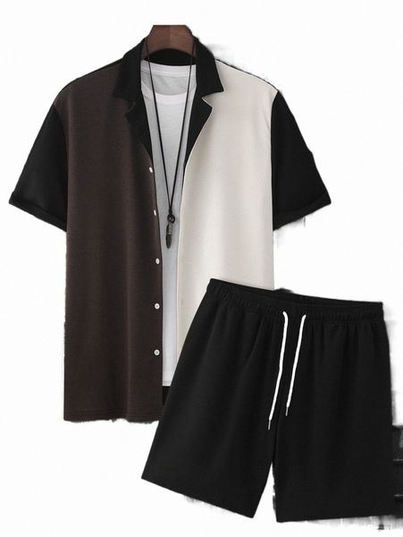 

men colorblock shirt & drawstring waist shorts without tee b0we#, Gray