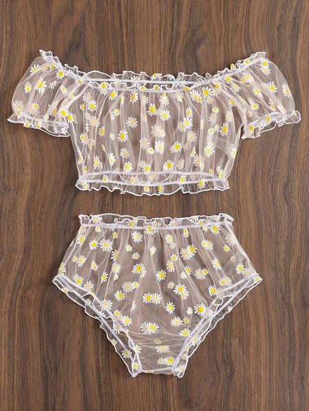 

floral lettuce trim off the shoulder cover up set n64s#, White;black