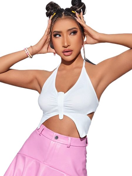 

backless knot ruched asymmetrical hem halter z93u#, White