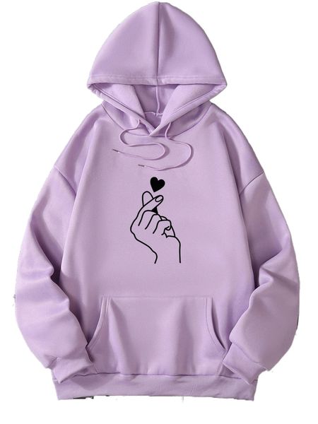 

heart and gesture print thermal lined hoodie j0yh#, Black