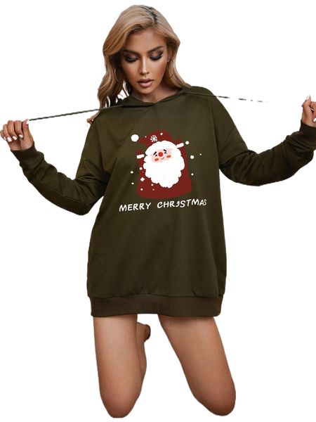 

christmas print drawstring detail longline hoodie n6su#, Black