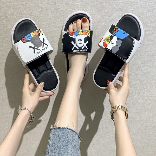 

2022 man summer cartoon doodle slippers couple personality one word drag home shoes indoor and outdoor wear beach sandals, Black