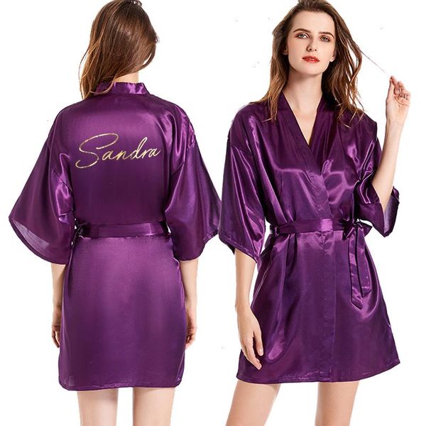 

quick custom name sleepwear bride robe women personalized gold foil writing team bridesmaid satin silk kimono bridal wedding party, Black;red