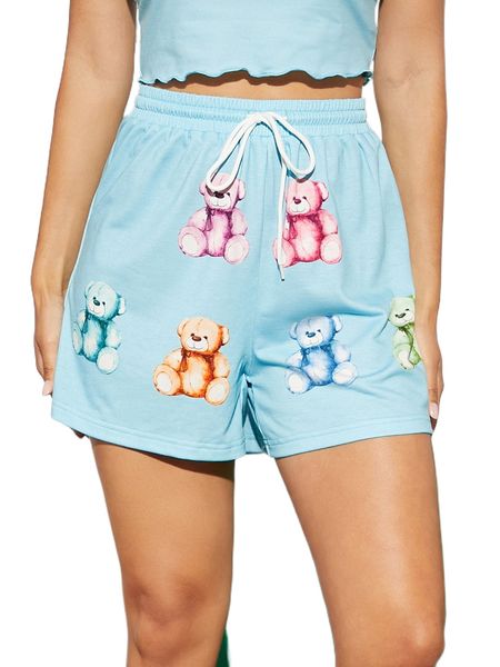 

bear print drawstring waist shorts 50qc#, White;black