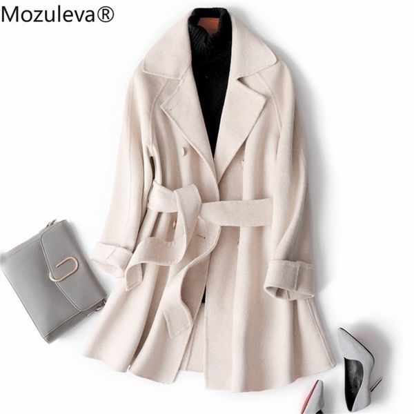 

milk brown double-sided cashmere women's medium-sized winter korean waist band woolen coat loose all-match 210416, Tan;black