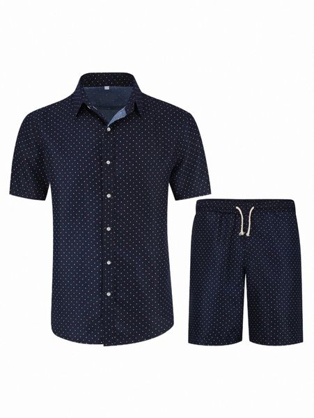 

cloudstyle men polka dot print shirt & drawstring waist shorts 24pi#, Gray