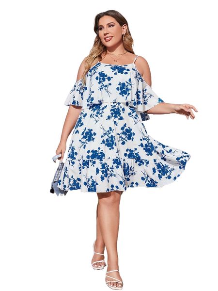 

plus floral print cold shoulder ruffle hem dress l7ye#, Black