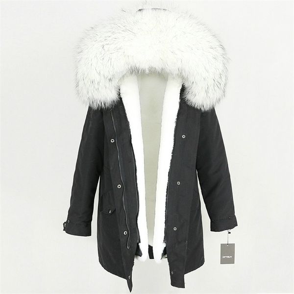 

waterproof long parka winter jacket women real fur coat natural raccoon fur trim hood faux fur liner detachable streetwear 201112, Black