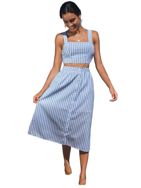 

striped crop cami & skirt set v5tf#, White