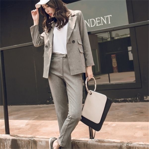 

women suit gray casual blazer & high waist pant office lady notched jacket pant suits korean femme 2 pieces set t200817, White