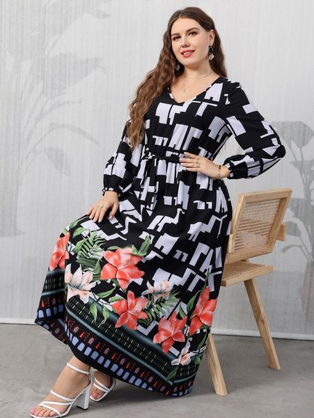 

plus geo & floral print lantern sleeve belted dress i0vr#, Black