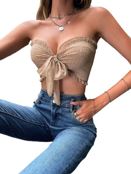 

shirred frill trim knot front crop tube y28k#, White