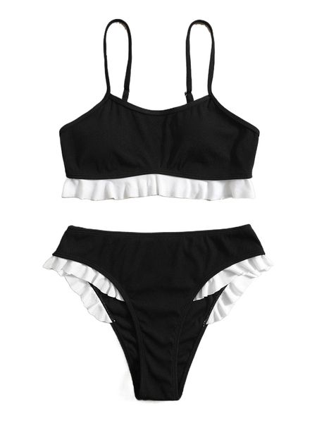

rib ruffle hem high waisted bikini swimsuit a8ww#, White;black